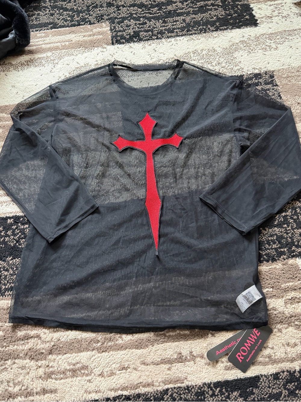 Women’s Black Mesh Long-Sleeve Top with Red Cross Patch